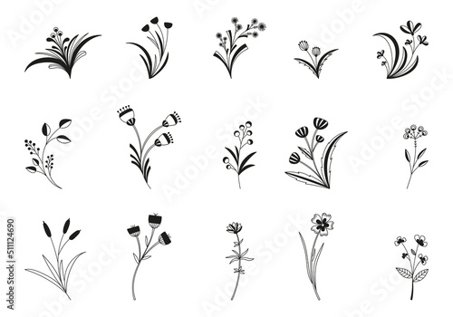 Set of tree branches, herbs and flowers silhouettes, vector flowers and twigs
