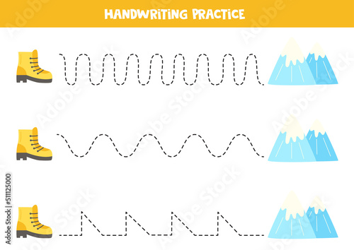 Tracing lines for kids. Hiking boot and mountains. Writing practice.