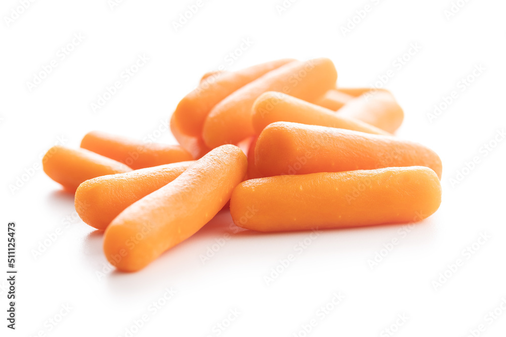 Baby carrot vegetable. Mini orange carrots isolated on white background.