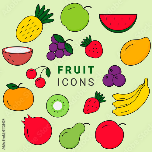 Set of colorful fruit line icons.
