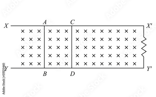 XX' and YY' are two parallel smooth rails of negligible electrical resistance. X' and Y' are  connected by a wire of resistance 2Ω AB and CD are two rods of equal length each of resistance 1Ωq