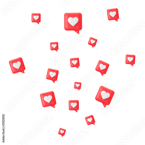Like 3d icon set. Social media render bubble with heart. Love element. Comment button. Share tag. Notice people. Chat text. Speech communicate. Notification label. Emoji reaction.Vector illustration