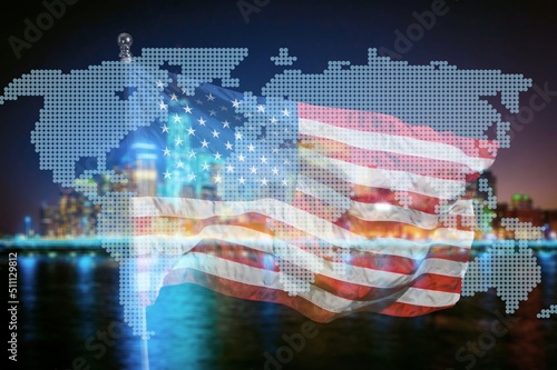 Multi exposure of abstract creative digital world map hologram on USA flag, tourism and traveling concept