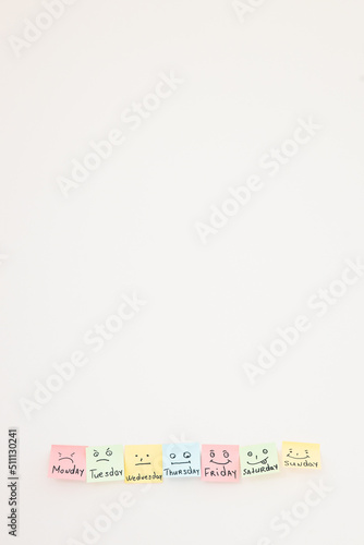 Day of week and face expression. Colored stickers on white wall © ALEXSTUDIO