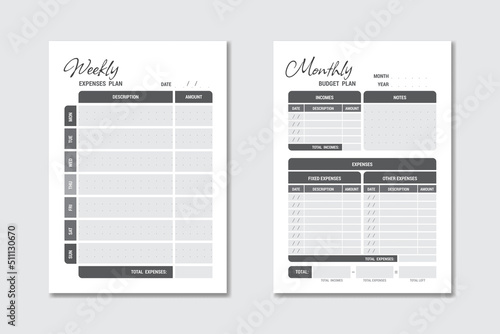 Modern classic minimalistic monthly and weekly financial planners set. Budget management. Total of income and expenses. Vector illustration.
