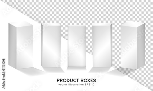 Fototapeta Naklejka Na Ścianę i Meble -  Set of three dimensional white boxes in front and isometric view. Vector mockup of rectangular cardboard containers for product presentation. Plastic blank containers, shipping cases, cubes template