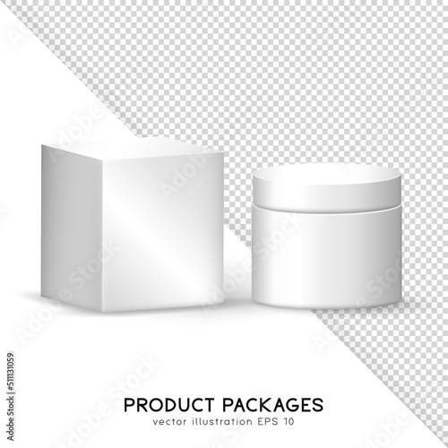 Mockup with two realistic white matte containers for product presentation. Square and cylindrical packages. 3D blank paper box and cylinder tube template for your design. Cream jar with packaging