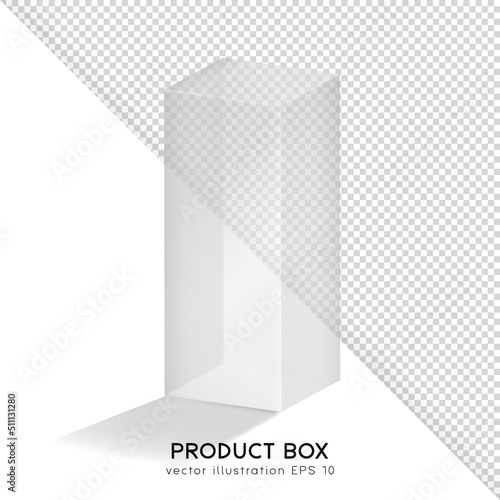 Transparent isometric rectangular box for product presentation (cosmetic, medicals, etc.) White empty glass container mockup. 3D realistic packaging, shipping case, cube. Vector illustration EPS 10