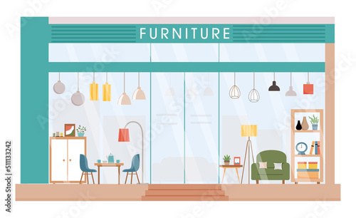 Furniture store facade. Modern furniture shop Vector illustration. Shop window with table, chairs, armshair, lamps, wardrobe, home decor. Front view of furniture store.