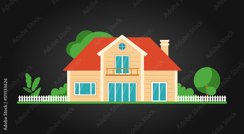 Illustration of a Beautiful House Isolated on Black Background with Trees and Bushes