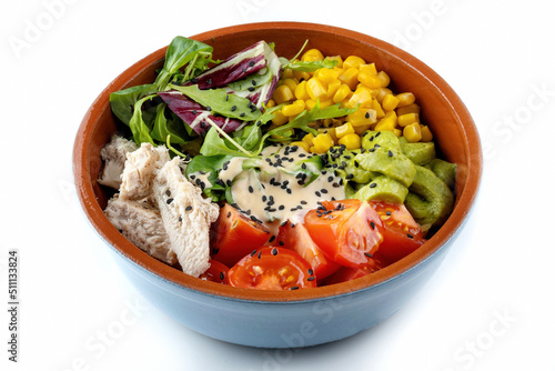 Meat poke bowl, with Chicken breast, cucumbers, tomatoes, corn.