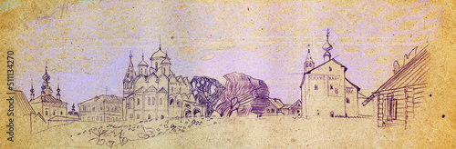 Architectural pencil and pastel sketch on faded craft paper. Orthodox monastery in Suzdal, Russia