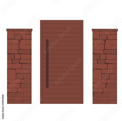 Gate and stone fence. Vector stock illustration. Outdoor landscape. Security and privacy concept. Isolated on a white background.