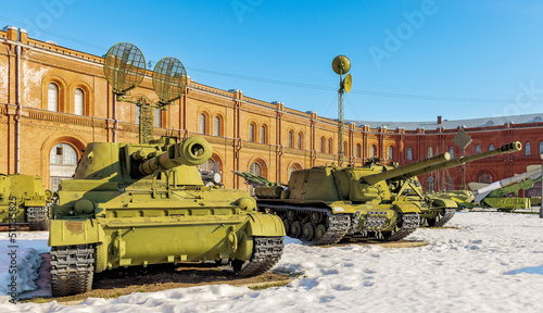 A group of armored self-propelled artillery units Acacia, ISU 152 and howitzer MSTA 152 photo