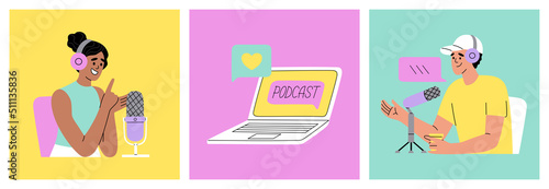 Podcast concept. Girl and guy speaking in microphone, laptop.Broadcast recording and listening, online radio. Hand drawn vector illustration isolated on colored background. Flat cartoon style.