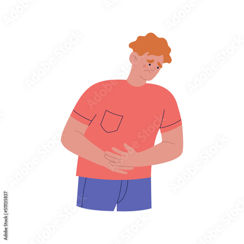 Young man suffering from stomach pain. Guy holding his belly with hands. Abdominal pain, digestion system problem. Hand drawn vector illustration isolated on white background. Flat cartoon style.