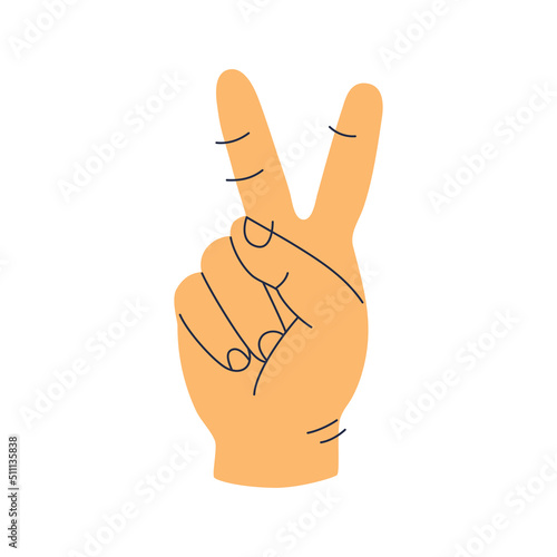 Human hand showing two fingers up. Victory or peace sign. Gestures concept. Hand drawn color vector illustration isolated on white background. Modern flat cartoon style.
