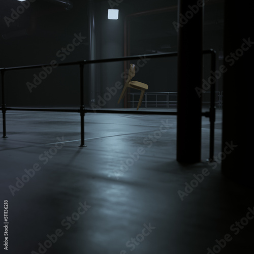 Dark Garage scene floating chair side 3d rendered