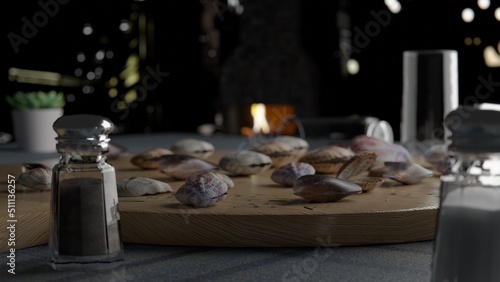 shell on the table scene 3d Rendered