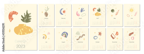 Boho calendar template for 2023. Various shapes in abstract style modern grunge texture. Editable illustration page template A4, A3, set of 12 months with cover. Vector. Week starts on Monday