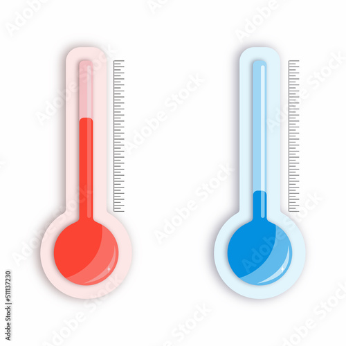 Temperature thermometers in a flat style with a shadow. Cold and warm temperatures, elements on a white background. Vector object