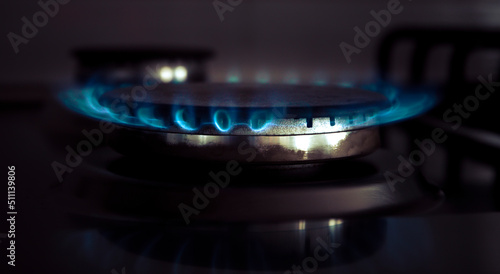 Domestic gas stove burner. Close up picture of blue methane flames burning from gas nozzles on a low-key background. Gas supply chain: global crisis and price increase.