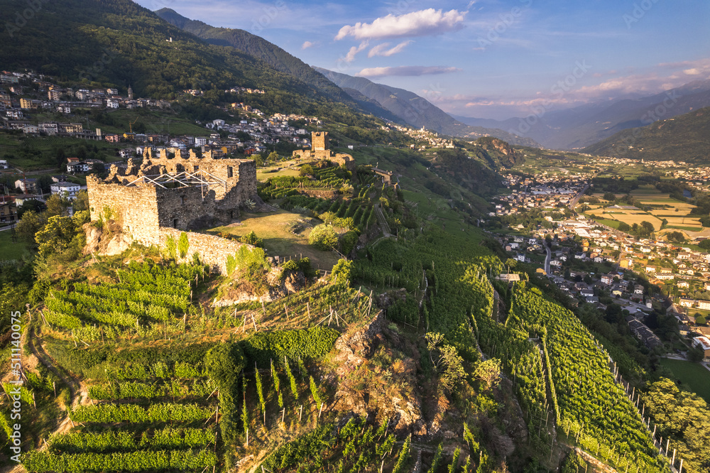 Aerial view of landscape of Valtellina with his vineyards, Grumello, Lombardy. 