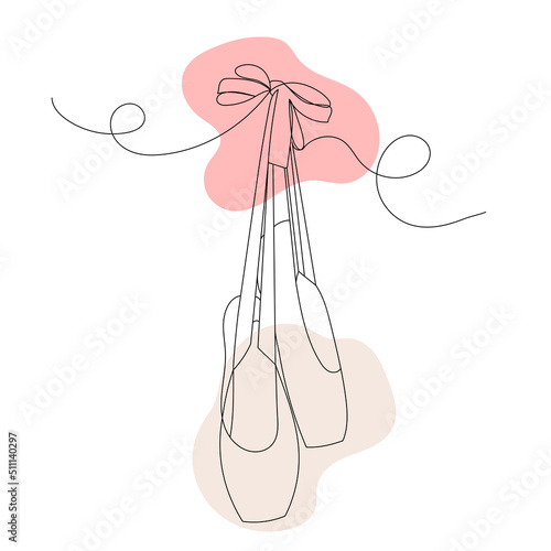 Pointe shoes drawing by one continuous line, sketch vector