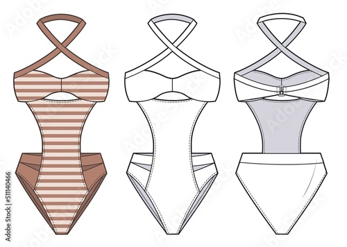 Vintage Swimsuit fashion design. Women's Swimsuit fashion flat technical drawing template. Swimwear fashion design.