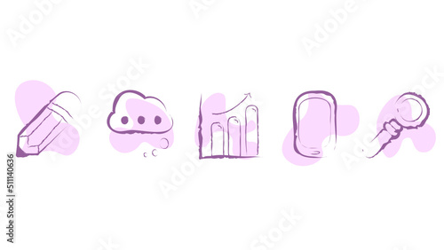 Soft icons set - pencil, communication cloud, data insight chart, phone gadget, lens - loupe