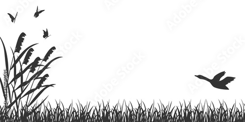 Black silhouette landscape with reeds and flying duck. Background with grass, reeds and butterflies.