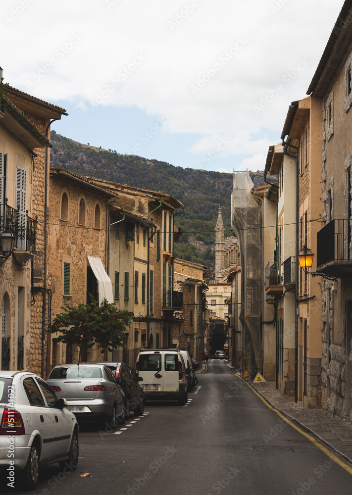 Facade of an ancient building. Background of an old street, Soller, Mallorca.