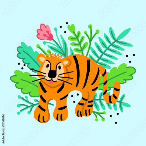 Clip art of a striped tiger in flowers and leaves