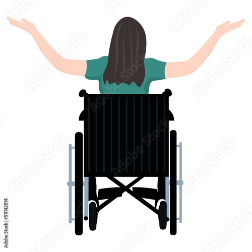 Happy woman in wheelchair on white background, back view