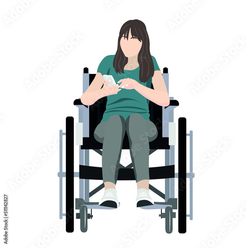 Woman in wheelchair and with mobile phone on white background