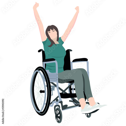 Happy woman in wheelchair on white background