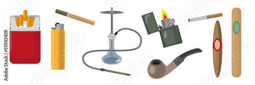 Set of different types of smoking devices in cartoon style. Vector illustration of bad habits of cigarettes, cigar, lighters, hookahs and smoking pipes.