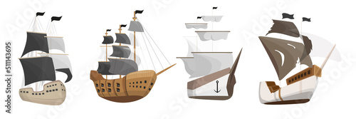 Set of old sailboats in cartoon style. Vector illustration of pirate ships on sails or simple kingdom ship.