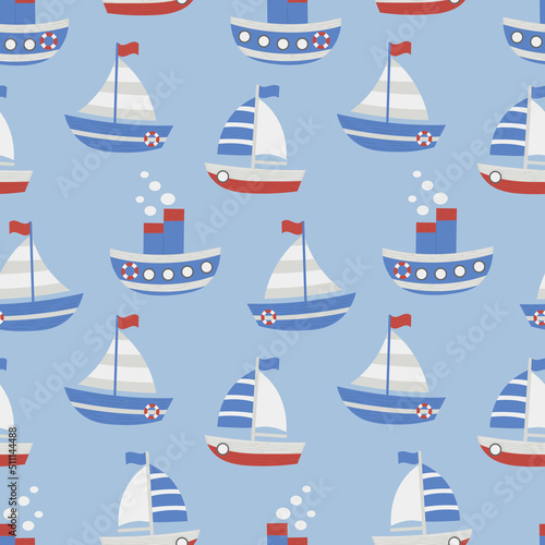 Cute children's illustration with nautical theme on colored background: sailboat, steamer. Seamless pattern with ships. For children's textiles, backgrounds. Vector image in doodle style.