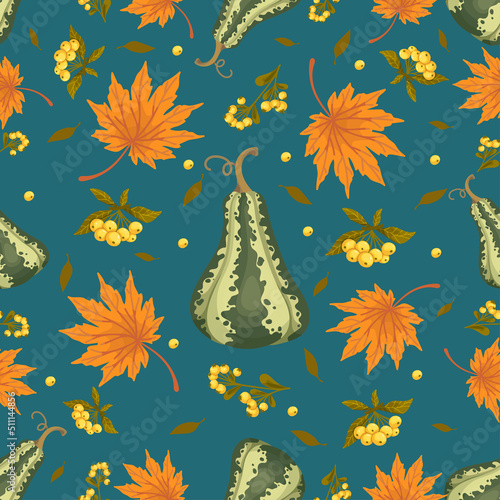 Seamless pattern with zucchini, sea buckthorn berries and maple leaves.Vector graphics.
