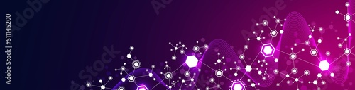 Vector neon background frame. Hexagon connection pattern. Block diagram. Digital wave. Glow stars. Plexus elements of chemical chain. Poster presentation, technology, science, medicine.