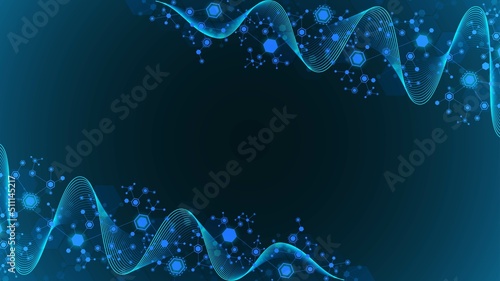 Vector neon background frame. Hexagon connection pattern. Block diagram. Digital wave. Glow stars. Plexus elements of chemical chain. Poster presentation, technology, science, medicine.