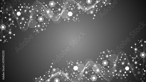 Vector halftone background frame. Hexagon connection pattern. Monochrome block diagram. Digital wave. Plexus elements of chemical chain. Poster presentation, technology, science, medicine, business.