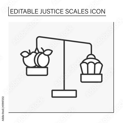  Balance line icon. Antique balance scales with apple and sweets. Choice between healthy food and desserts. Diet. Justice scales concept. Isolated vector illustration. Editable stroke