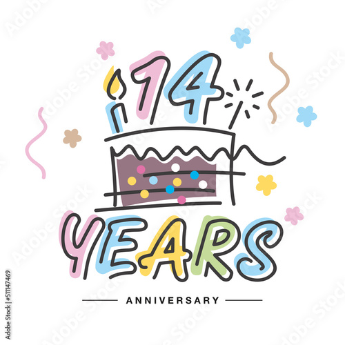 14 Years Anniversary handwritten typography lettering Greeting card with colorful big cake, sparkle firework, number, candle and confetti