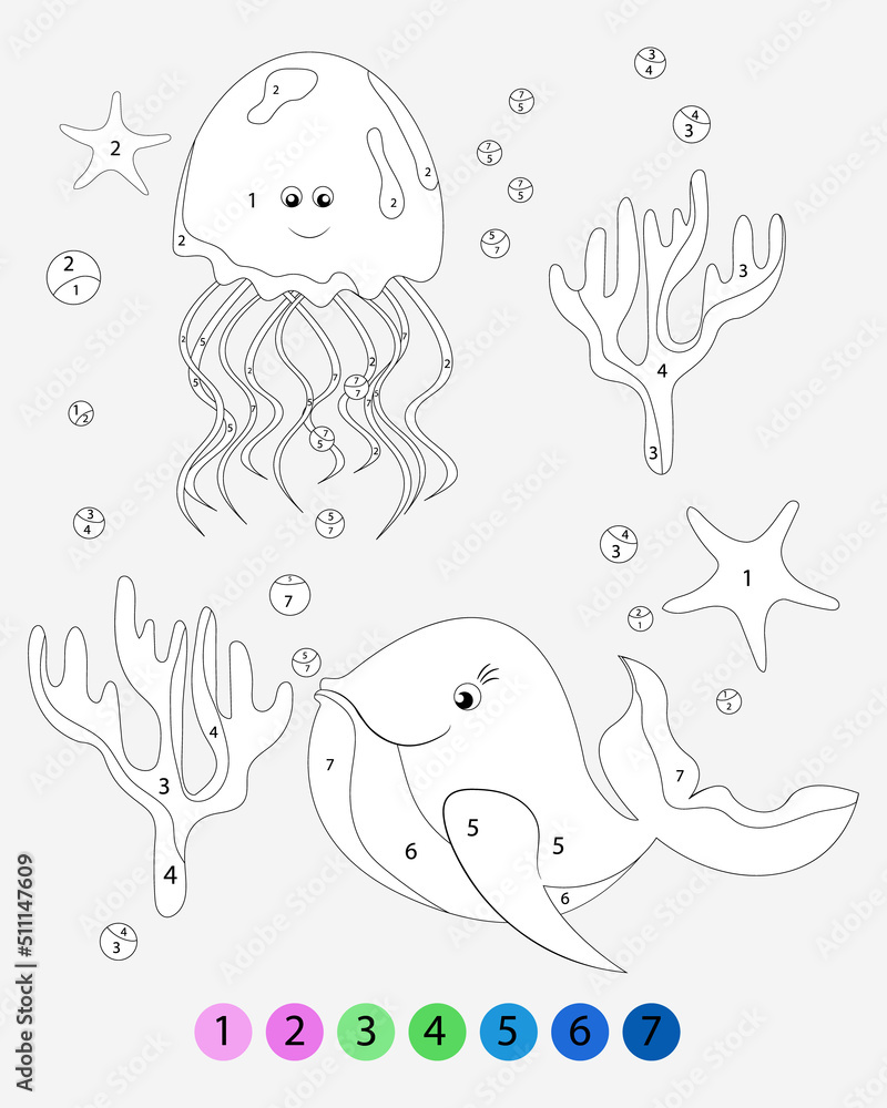 Underwater world coloring page. Coloring book whale, jellyfish, starfish and corals. For children with numbers.