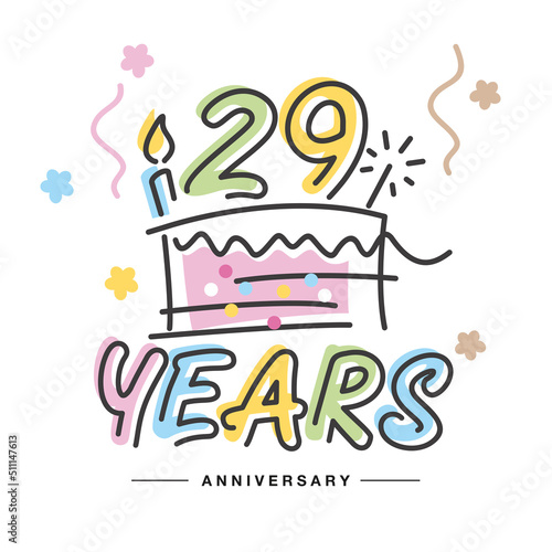 29 Years Anniversary handwritten typography lettering Greeting card with colorful big cake, sparkle firework, number, candle and confetti