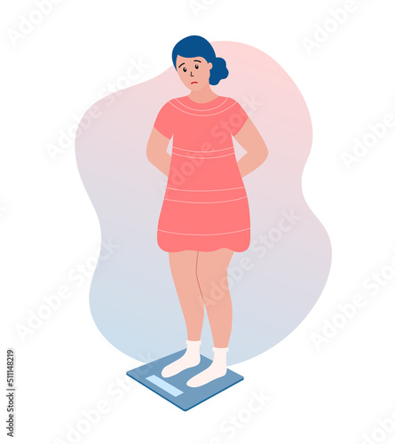 Overweight. Unhappy young woman standing on scales and measuring. Loss weight needed. Sad girl dissatisfied with weight gain. Flat vector illustration
