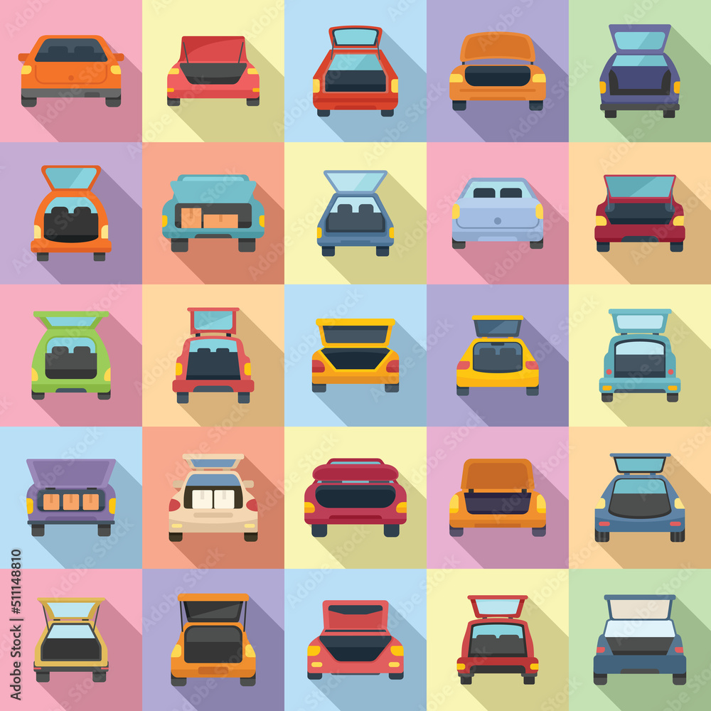Trunk car icons set flat vector. Sedan bag Trunk car icons set flat vector. Sedan bag