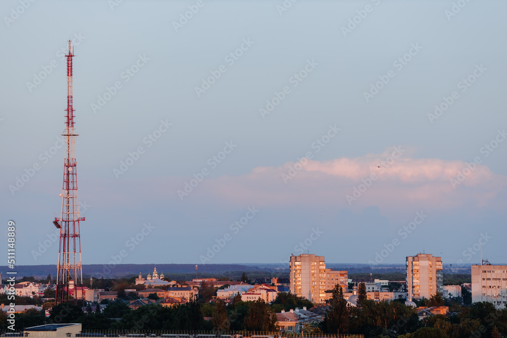  Beautiful sunset sky over the city. Twilight over the urban area. Aerial view. Typical modern residential area. Chernihiv. Ukraine. Horizontal photo
